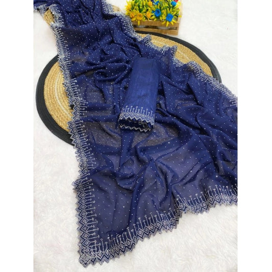 Generic Women's Georgette Stone Work Saree With Unstitched Blouse 5.5Mtr (Blue)