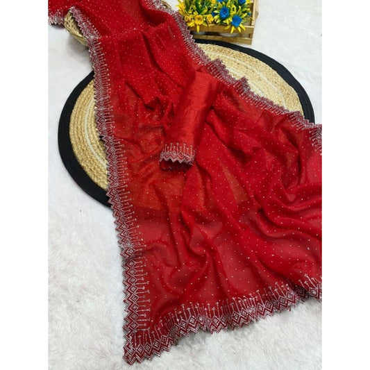 Generic Women's Georgette Stone Work Saree With Unstitched Blouse 5.5Mtr (Red)