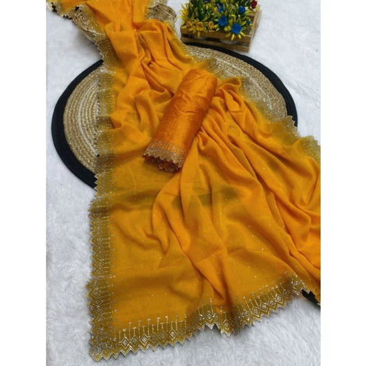 Generic Women's Georgette Stone Work Saree With Unstitched Blouse 5.5Mtr (Yellow)