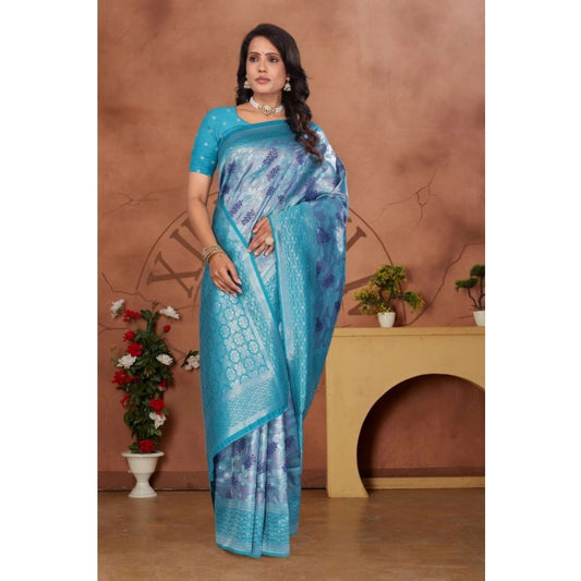 Generic Women's Banarasi Silk Jaquard Woven Saree With Unstitched Blouse 5.5Mtr (Light Blue)