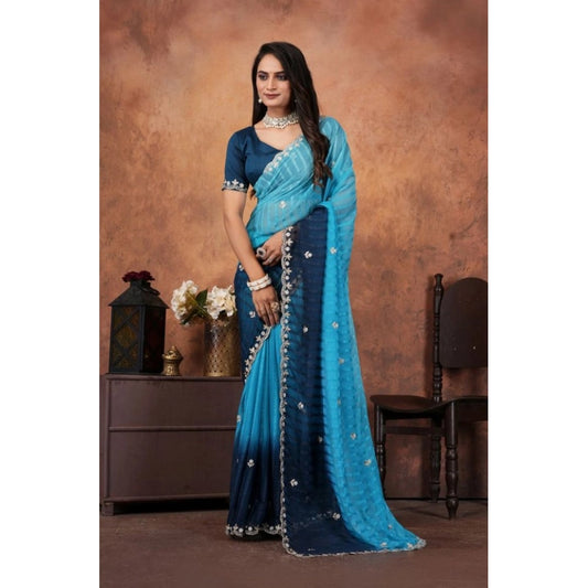 Generic Women's Chiffon Embroidred Saree With Unstitched Blouse 5.5Mtr (Light Blue)