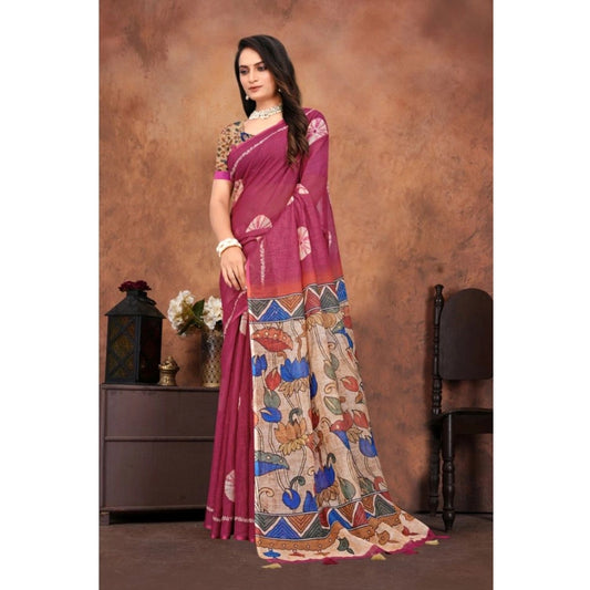 Generic Women's Linen Printed Saree With Unstitched Blouse 5.5Mtr (Purple)