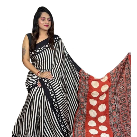 Generic Women's Satin Printed Saree With Unstitched Blouse 5.5Mtr (Black)