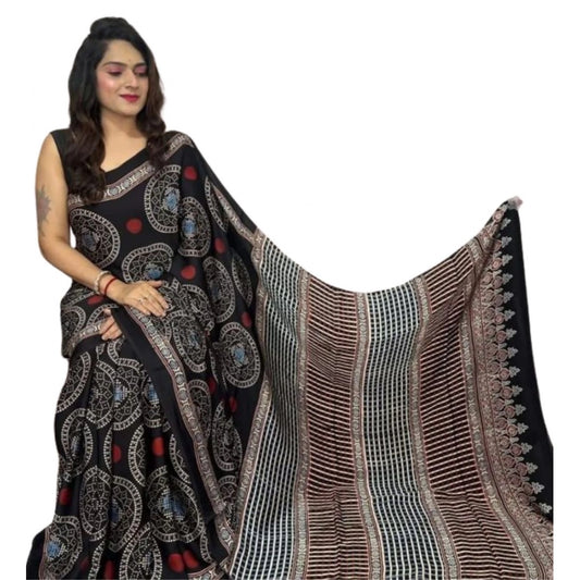 Generic Women's Satin Printed Saree With Unstitched Blouse 5.5Mtr (Black)