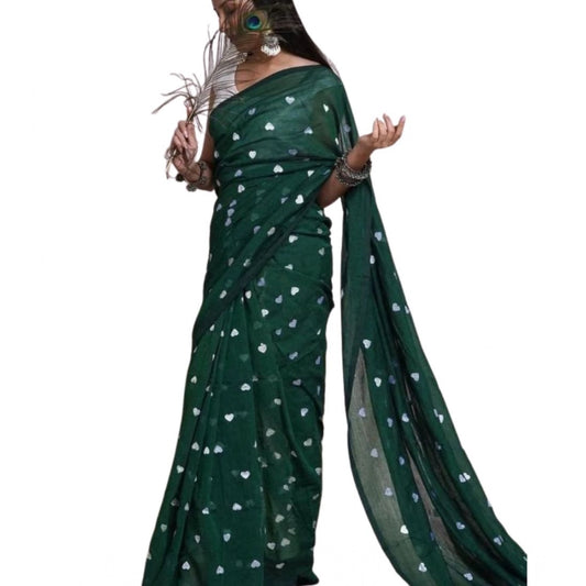Generic Women's Linen Printed Saree With Unstitched Blouse 5.5Mtr (Green)