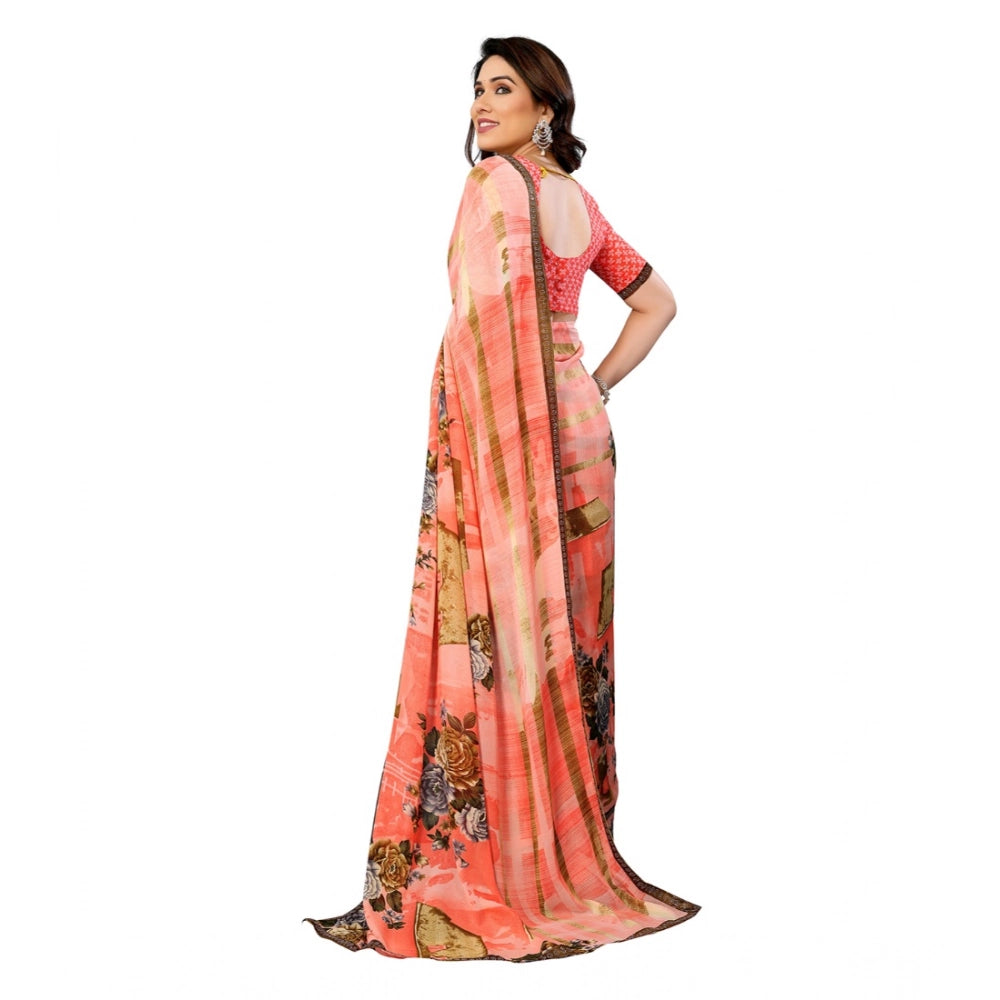 Generic Women's Georgette Printed Saree With Unstitched Blouse 5.5Mtr (Orange)