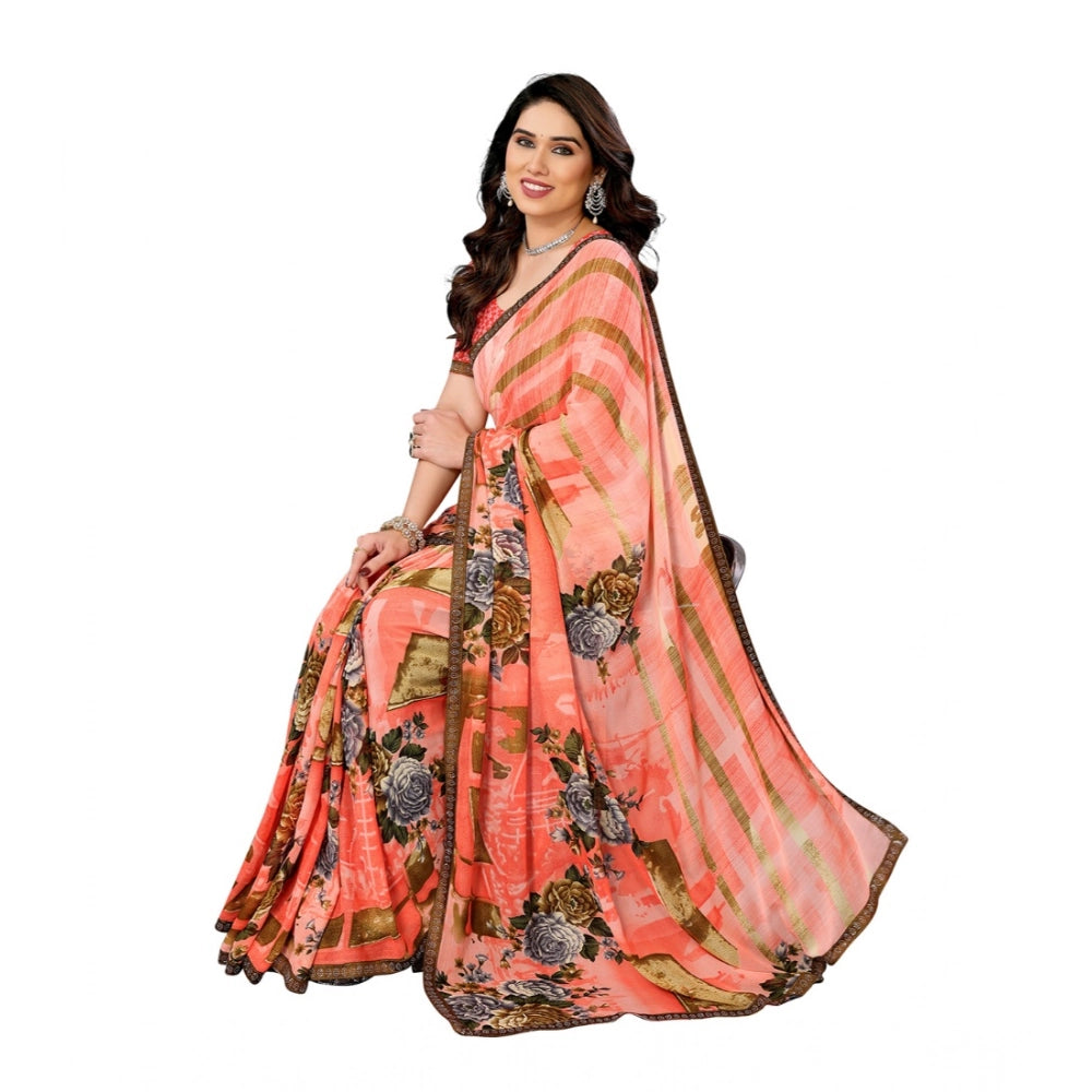Generic Women's Georgette Printed Saree With Unstitched Blouse 5.5Mtr (Orange)