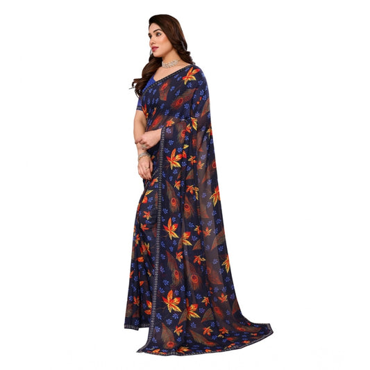 Generic Women's Georgette Printed Saree With Unstitched Blouse 5.5Mtr (Blue)