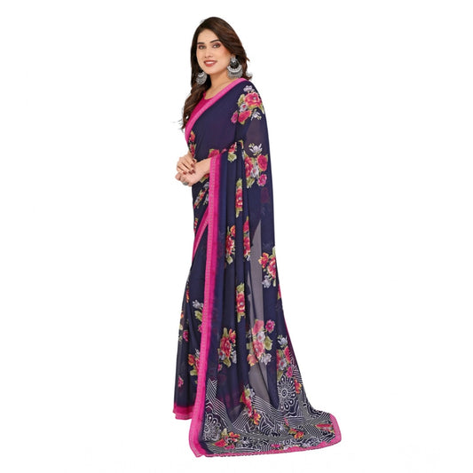 Generic Women's Georgette Printed Saree With Unstitched Blouse 5.5Mtr (Blue)