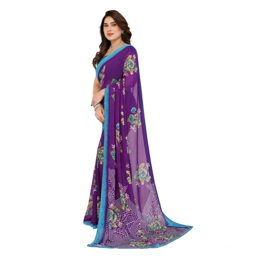 Generic Women's Georgette Printed Saree With Unstitched Blouse 5.5Mtr (Purple)