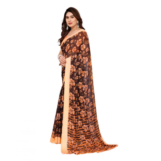 Generic Women's Georgette Printed Saree With Unstitched Blouse 5.5Mtr (Brown)