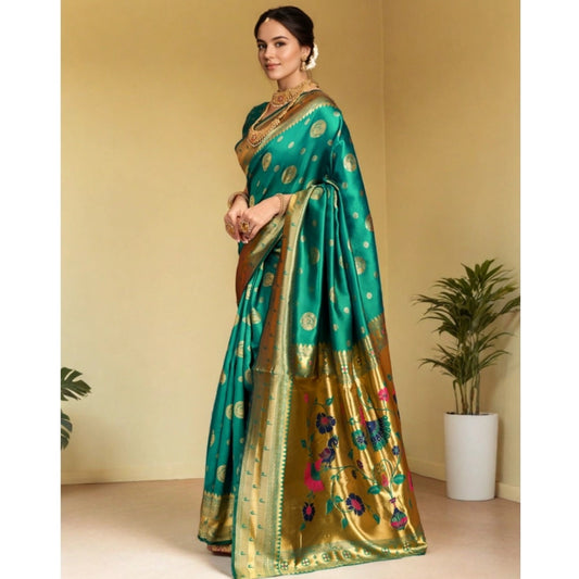 Generic Women's Silk Blend Paithani Saree With Unstitched Blouse 5.5Mtr (Green)