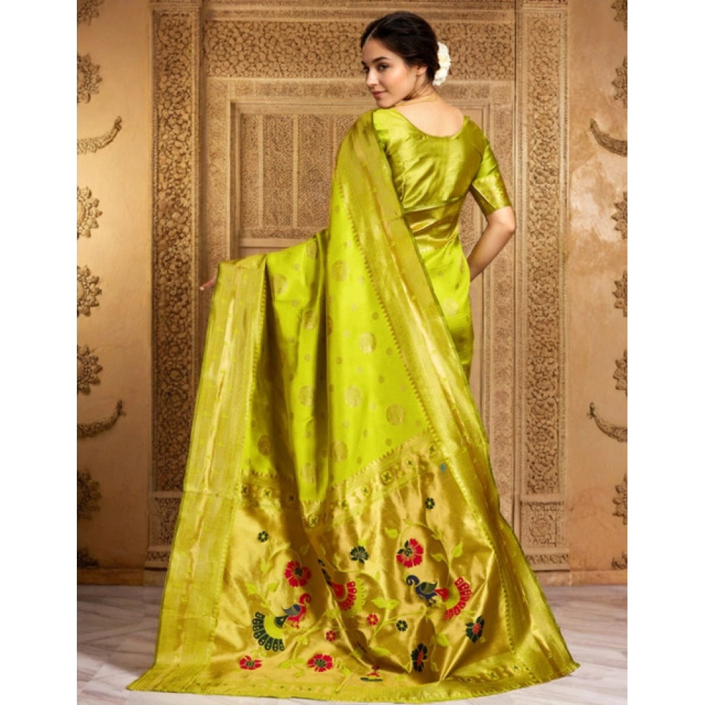 Generic Women's Silk Blend Paithani Saree With Unstitched Blouse 5.5Mtr (Lime Green)