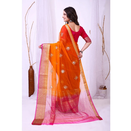 Generic Women's Organza jacquard Embellished Saree With Unstitched Blouse 5.5Mtr (Orange)