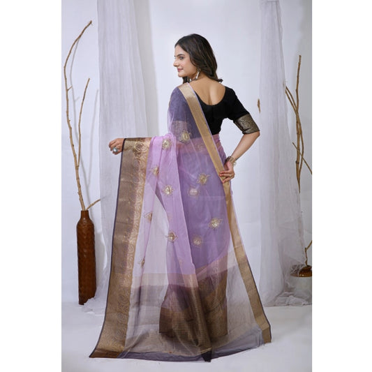 Generic Women's Organza jacquard Embellished Saree With Unstitched Blouse 5.5Mtr (Purple)