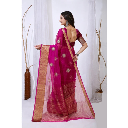 Generic Women's Organza jacquard Embellished Saree With Unstitched Blouse 5.5Mtr (Pink)