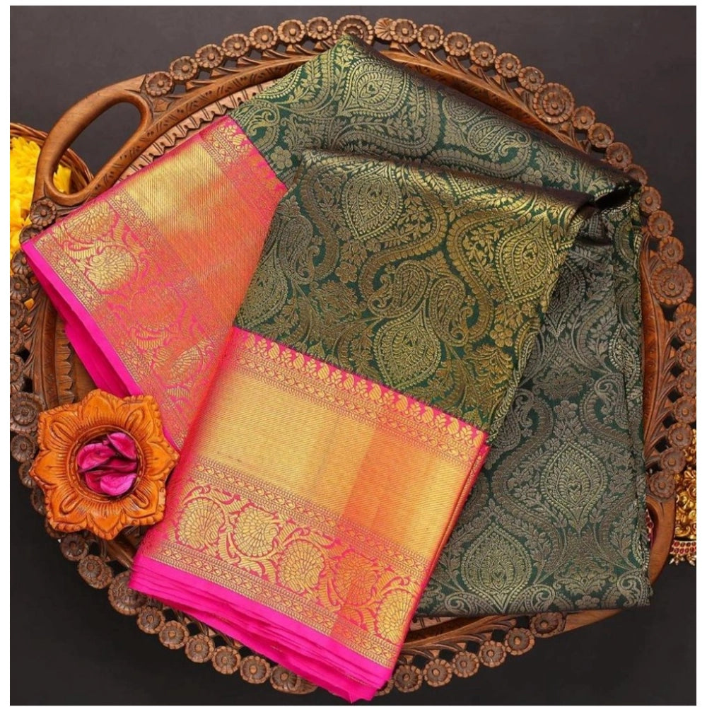 Generic Women's Soft Litchi Silk Jacquard Work Saree With Unstitched Blouse 5.5Mtr (Green)