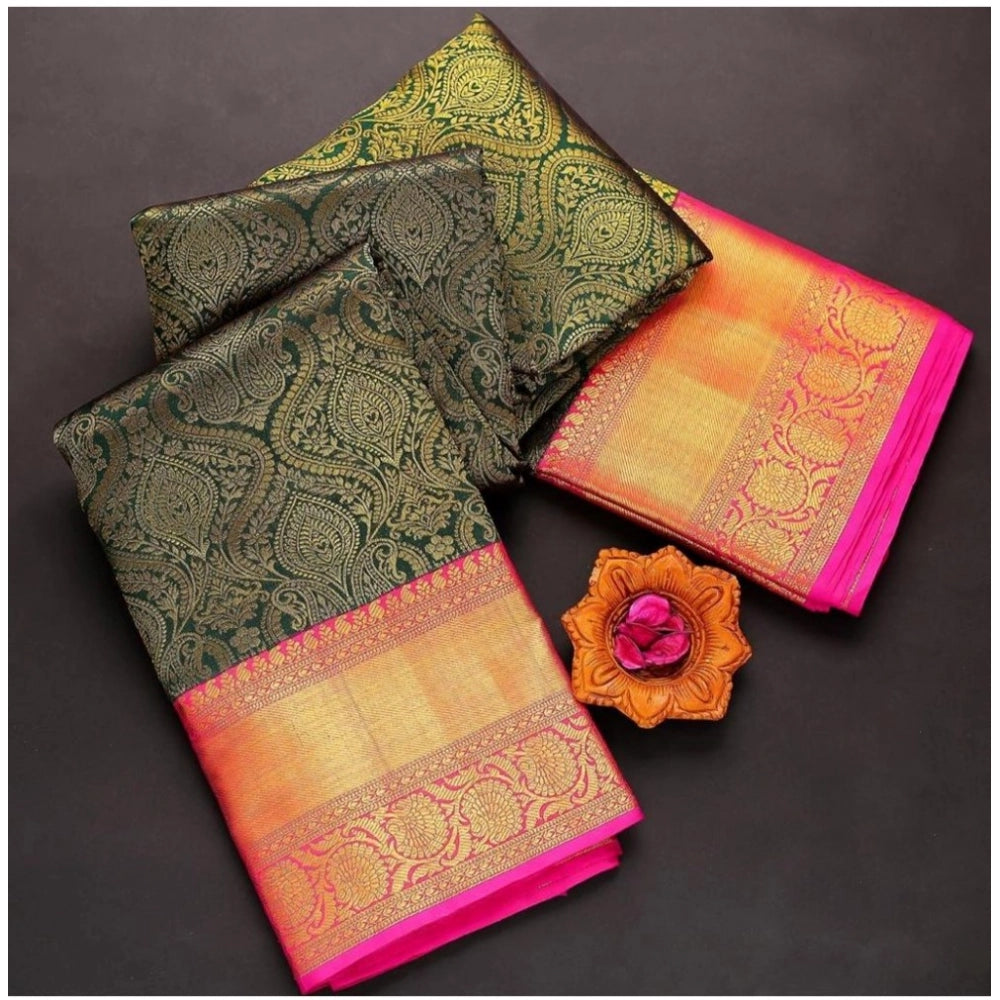 Generic Women's Soft Litchi Silk Jacquard Work Saree With Unstitched Blouse 5.5Mtr (Green)