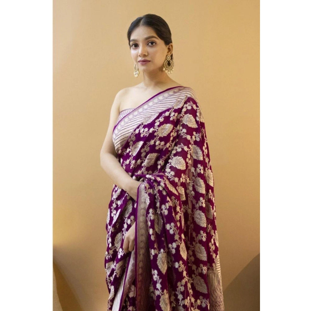 Generic Women's Soft Litchi Silk Jacquard Work Saree With Unstitched Blouse 5.5Mtr (Purple)