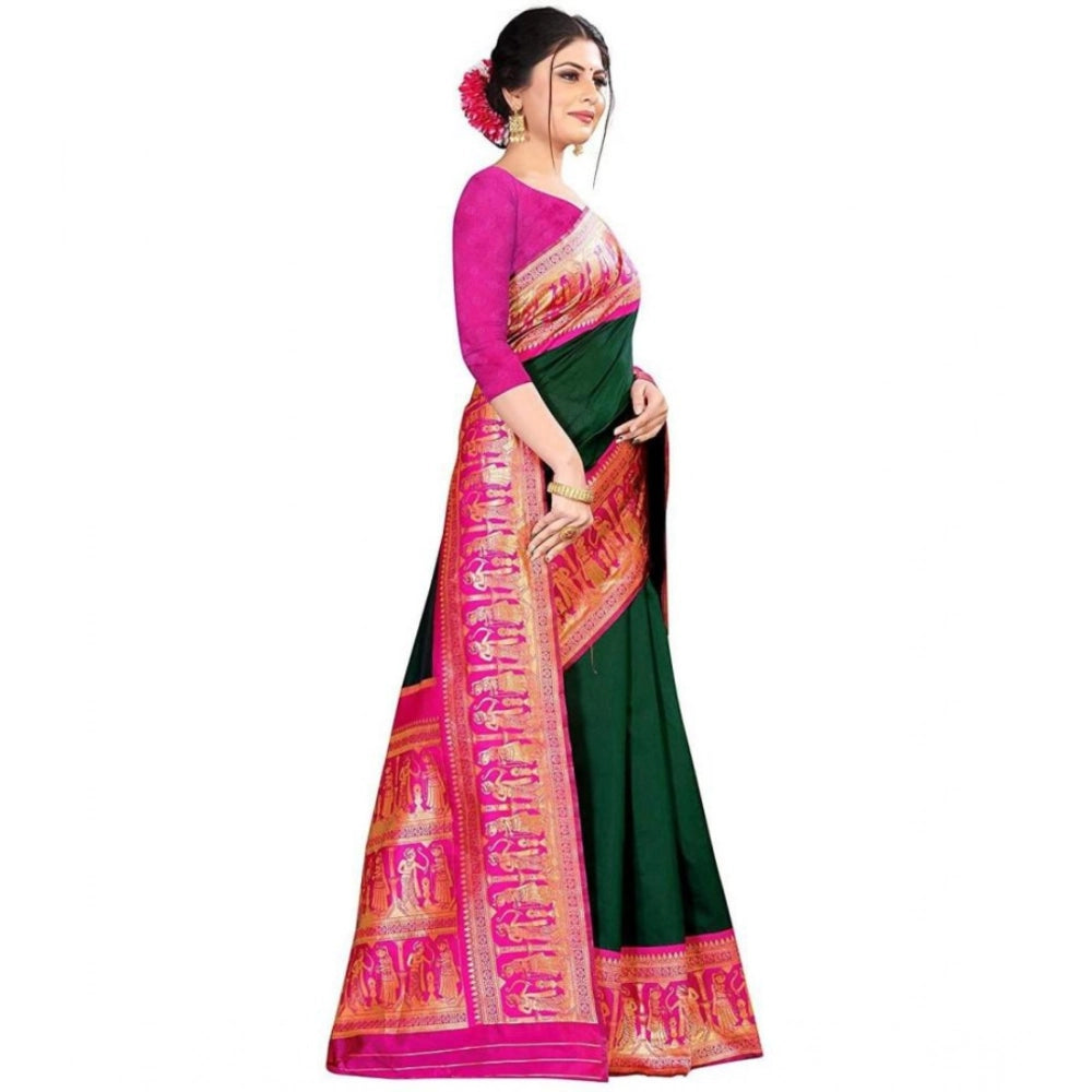 Generic Women's Soft Litchi Silk Jacquard Work Saree With Unstitched Blouse 5.5Mtr (Green)