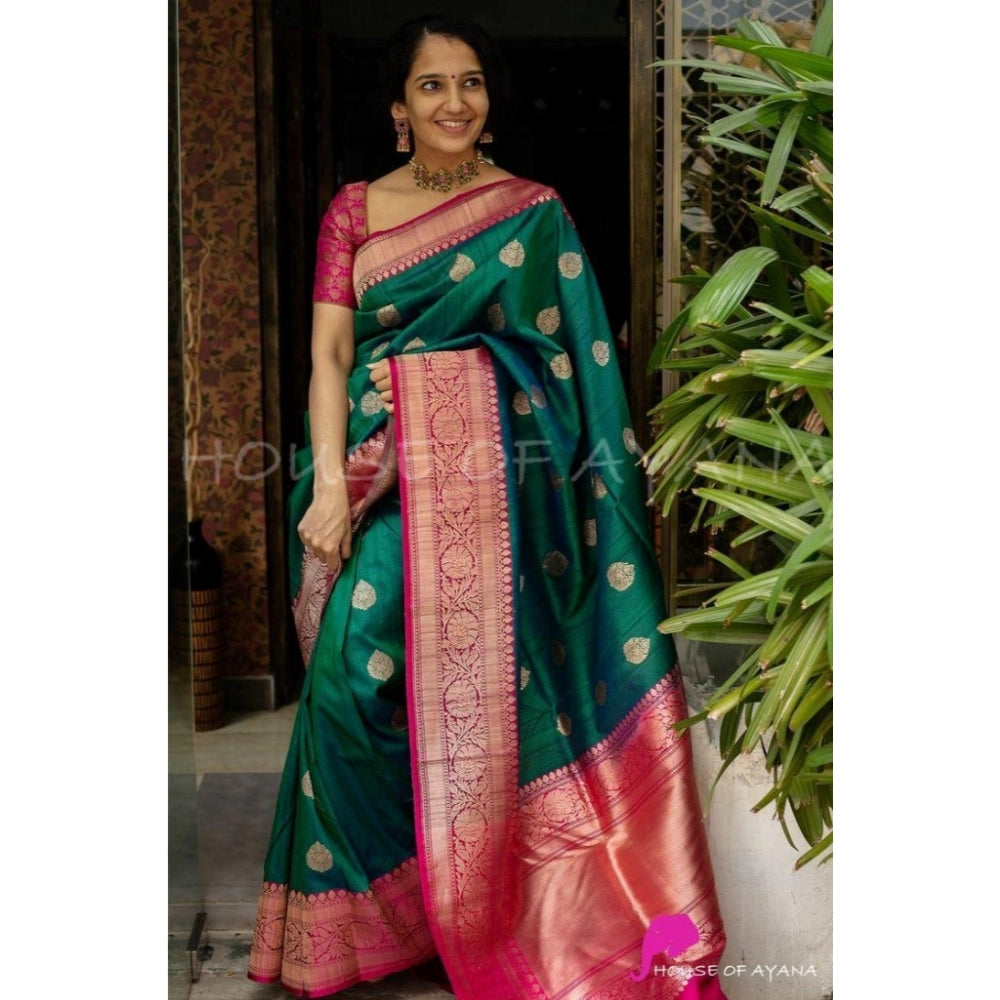 Generic Women's Soft Litchi Silk Jacquard Work Saree With Unstitched Blouse 5.5Mtr (Green)