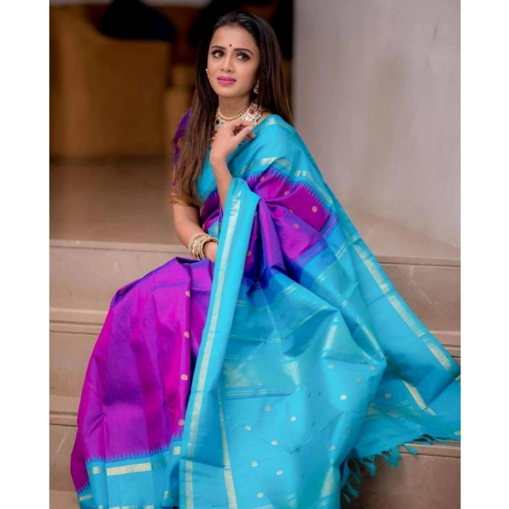 Generic Women's Soft Litchi Silk Jacquard Work Saree With Unstitched Blouse 5.5Mtr (Purple)
