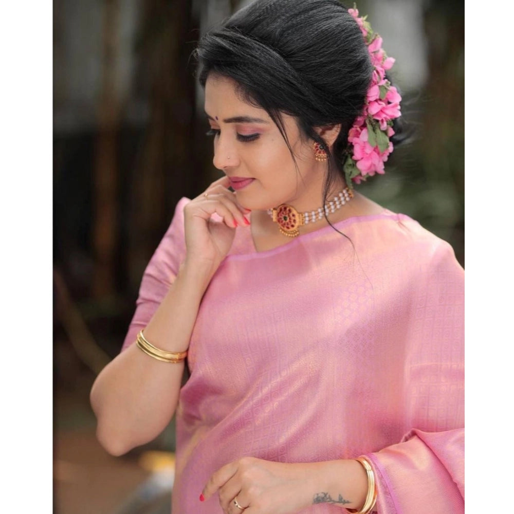 Generic Women's Soft Litchi Silk Jacquard Work Saree With Unstitched Blouse 5.5Mtr (Pink)