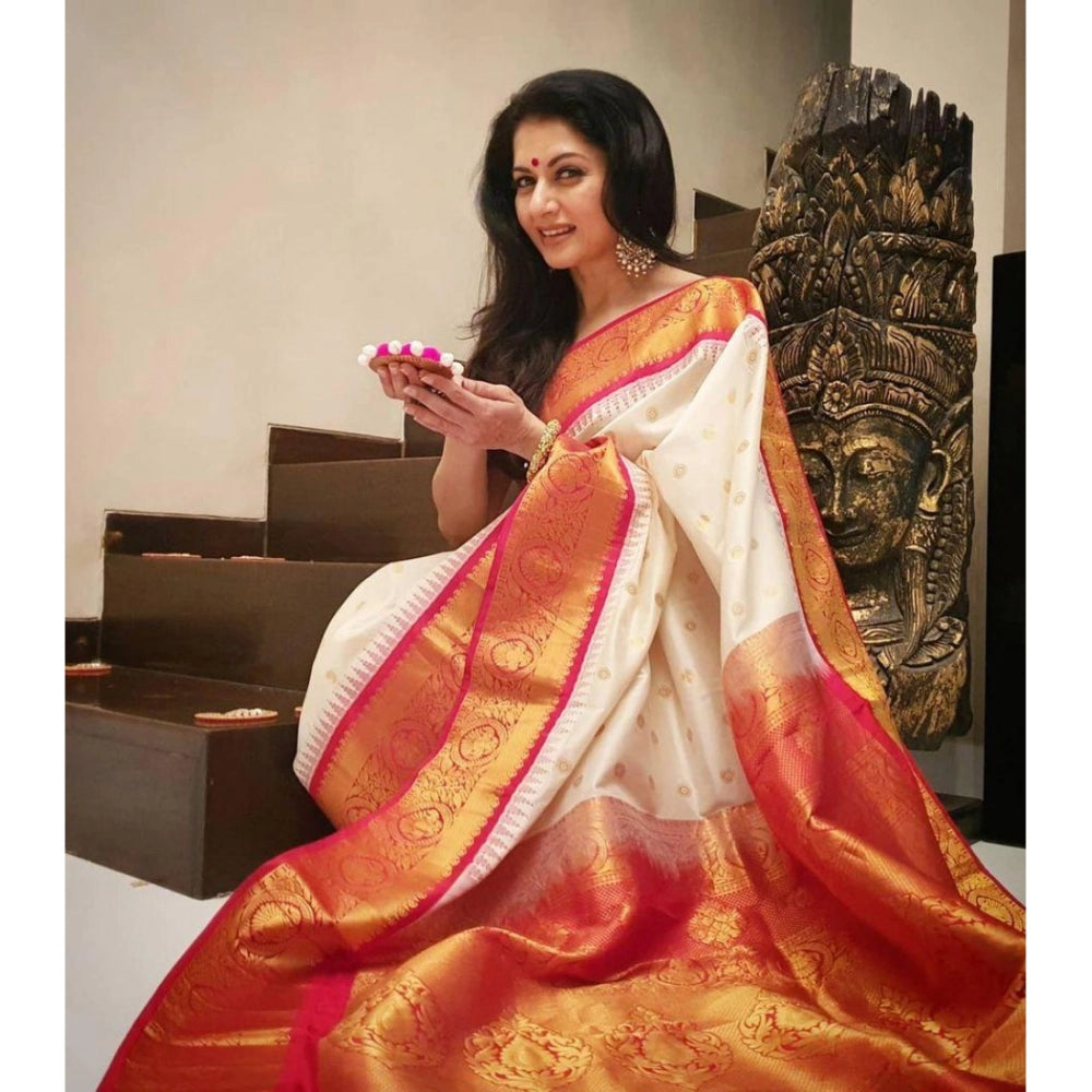 Generic Women's Soft Litchi Silk Jacquard Work Saree With Unstitched Blouse 5.5Mtr (White)