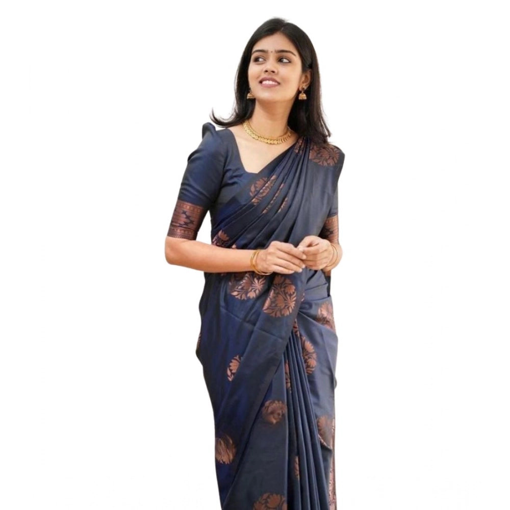 Generic Women's Soft Litchi Silk Jacquard Work Saree With Unstitched Blouse 5.5Mtr (Blue)