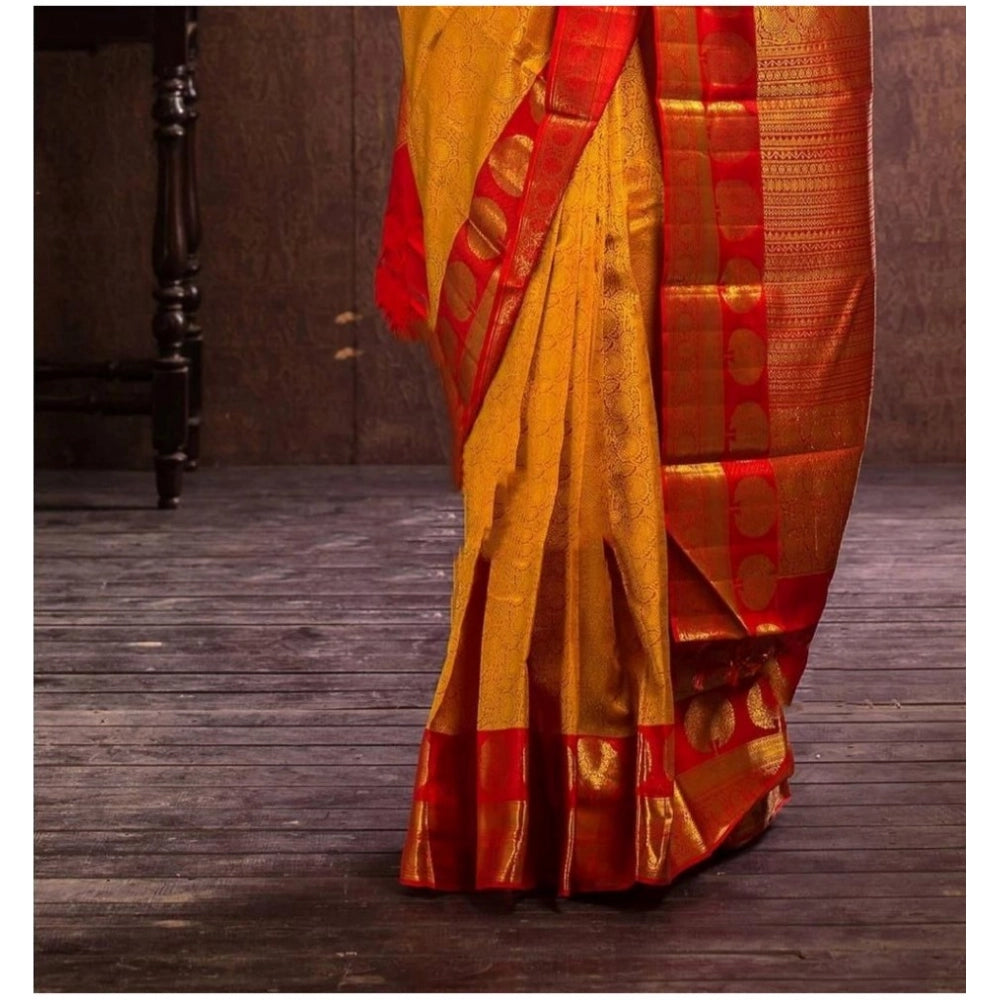 Generic Women's Soft Litchi Silk Jacquard Work Saree With Unstitched Blouse 5.5Mtr (Mustard Yellow)