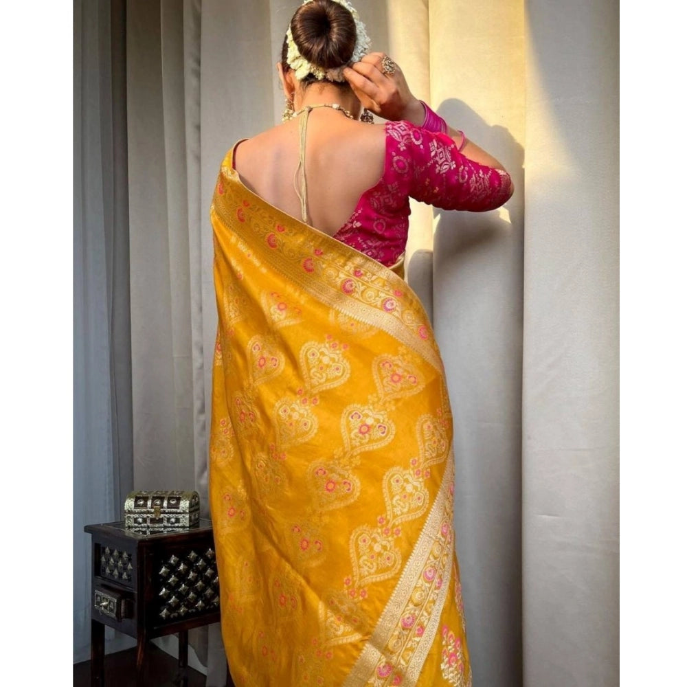 Generic Women's Soft Litchi Silk Jacquard Work Saree With Unstitched Blouse 5.5Mtr (Mustard Yellow)