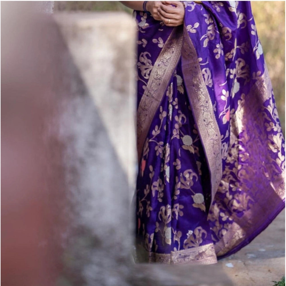 Generic Women's Soft Litchi Silk Jacquard Work Saree With Unstitched Blouse 5.5Mtr (Purple)