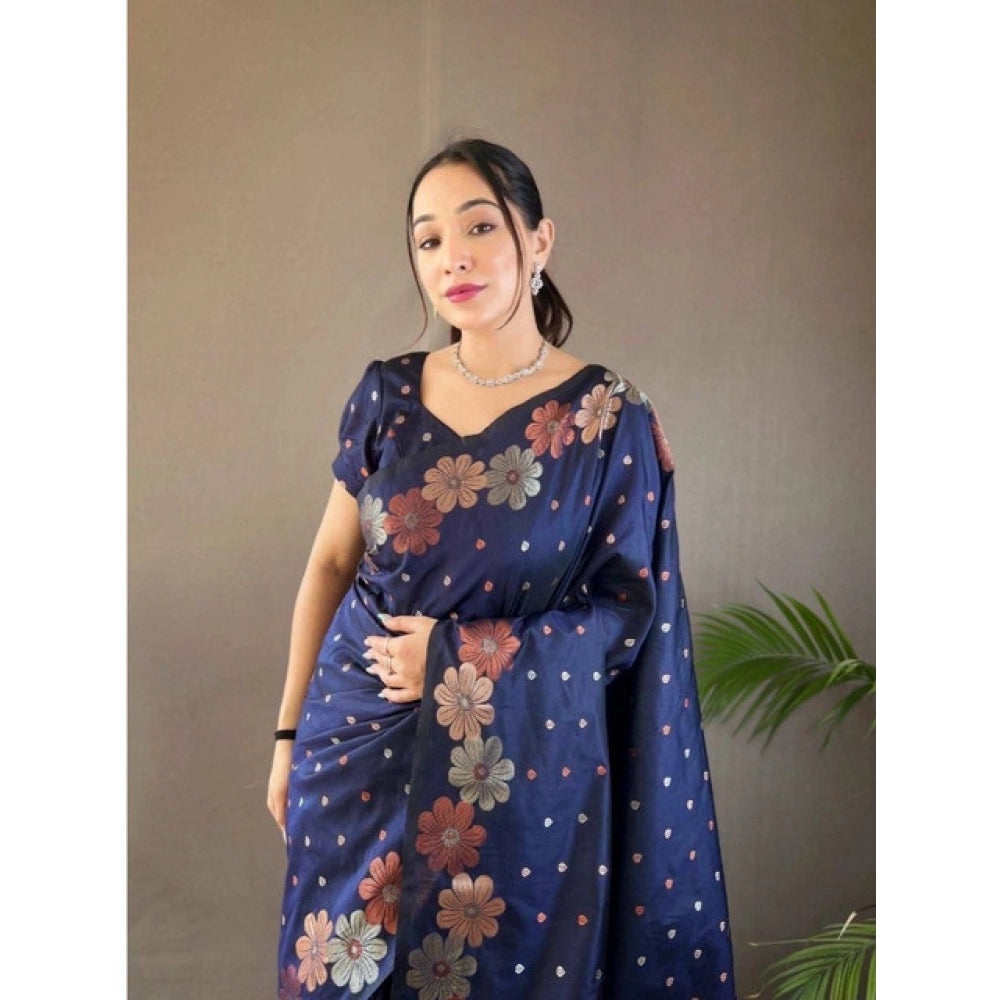 Generic Women's Soft Litchi Silk Jacquard Work Saree With Unstitched Blouse 5.5Mtr (Navy Blue)