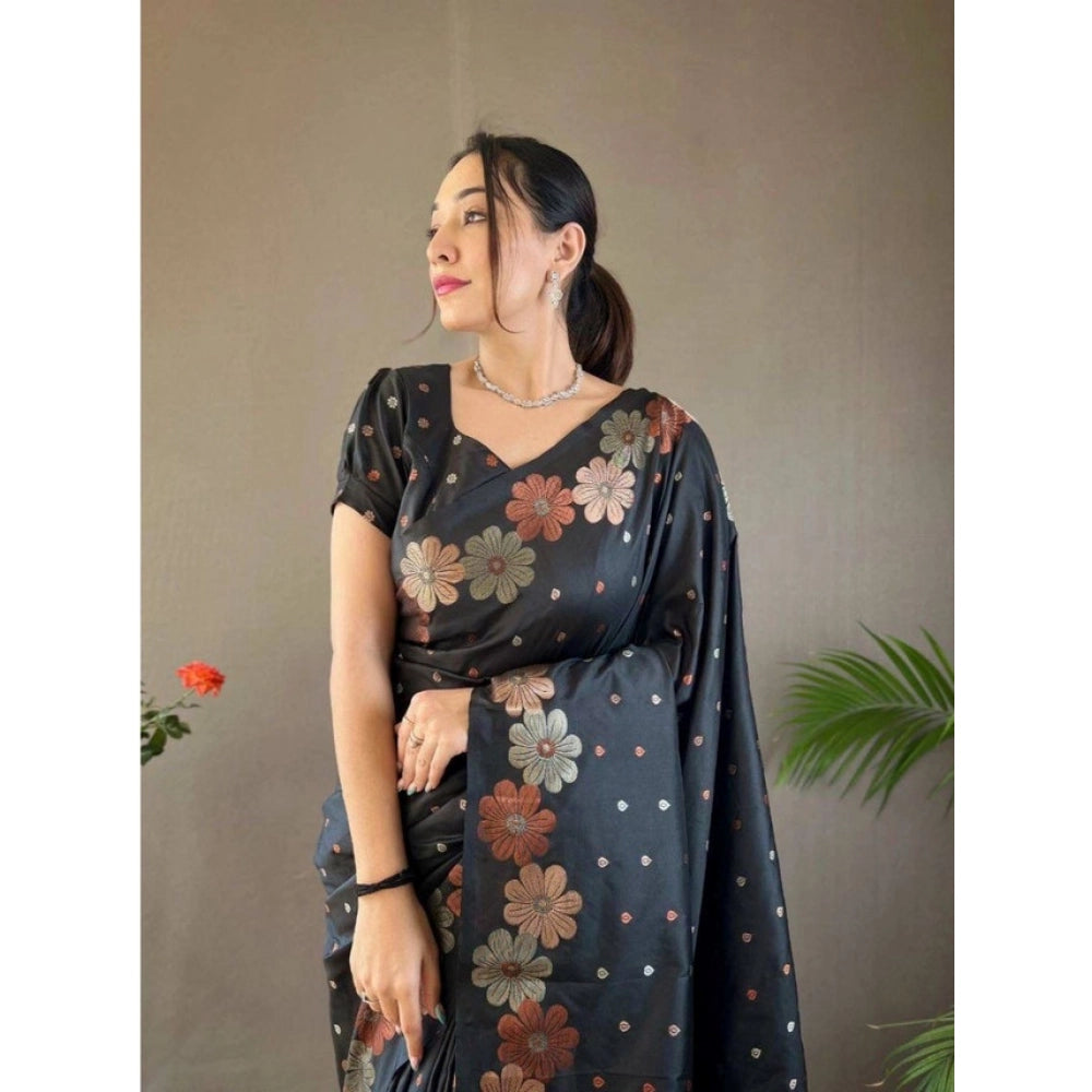 Generic Women's Soft Litchi Silk Jacquard Work Saree With Unstitched Blouse 5.5Mtr (Black)