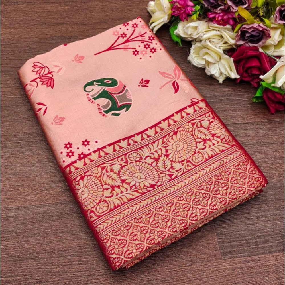 Generic Women's Soft Litchi Silk Jacquard Work Saree With Unstitched Blouse 5.5Mtr (Pink)