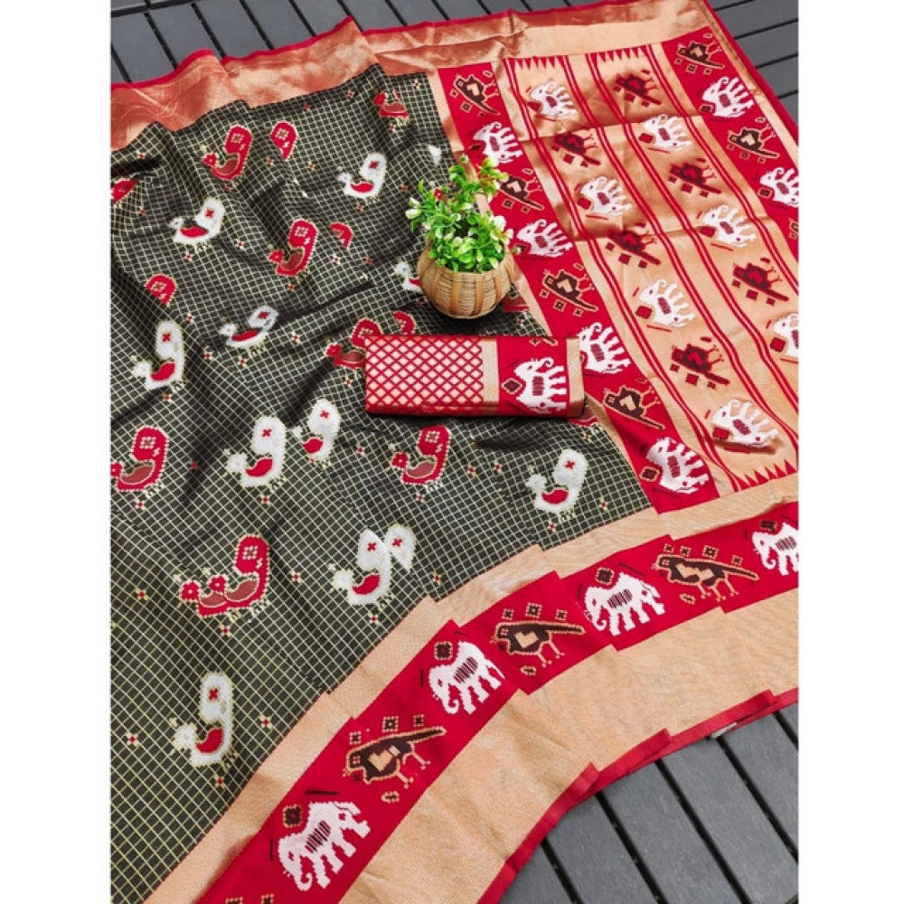 Generic Women's Soft Litchi Silk Jacquard Work Saree With Unstitched Blouse 5.5Mtr (Black-Red)