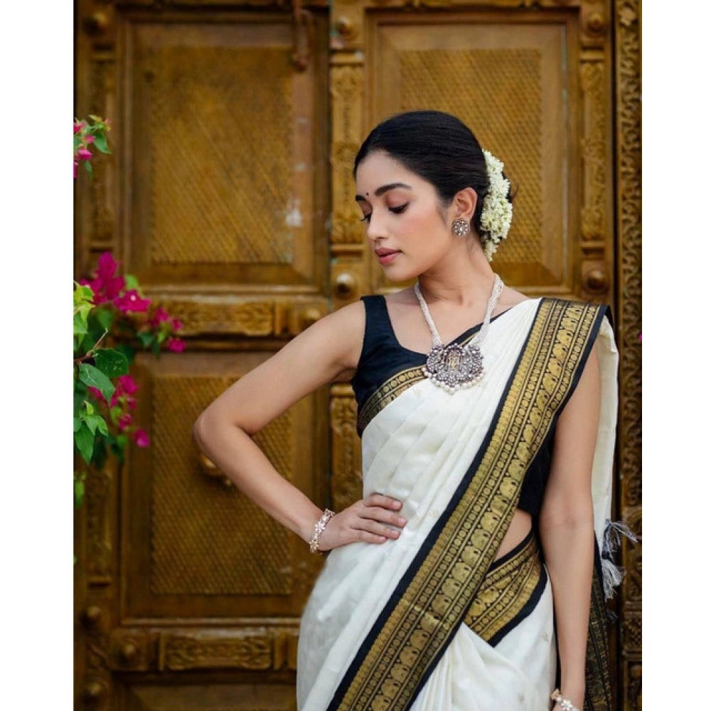 Generic Women's Soft Litchi Silk Jacquard Work Saree With Unstitched Blouse 5.5Mtr (White)