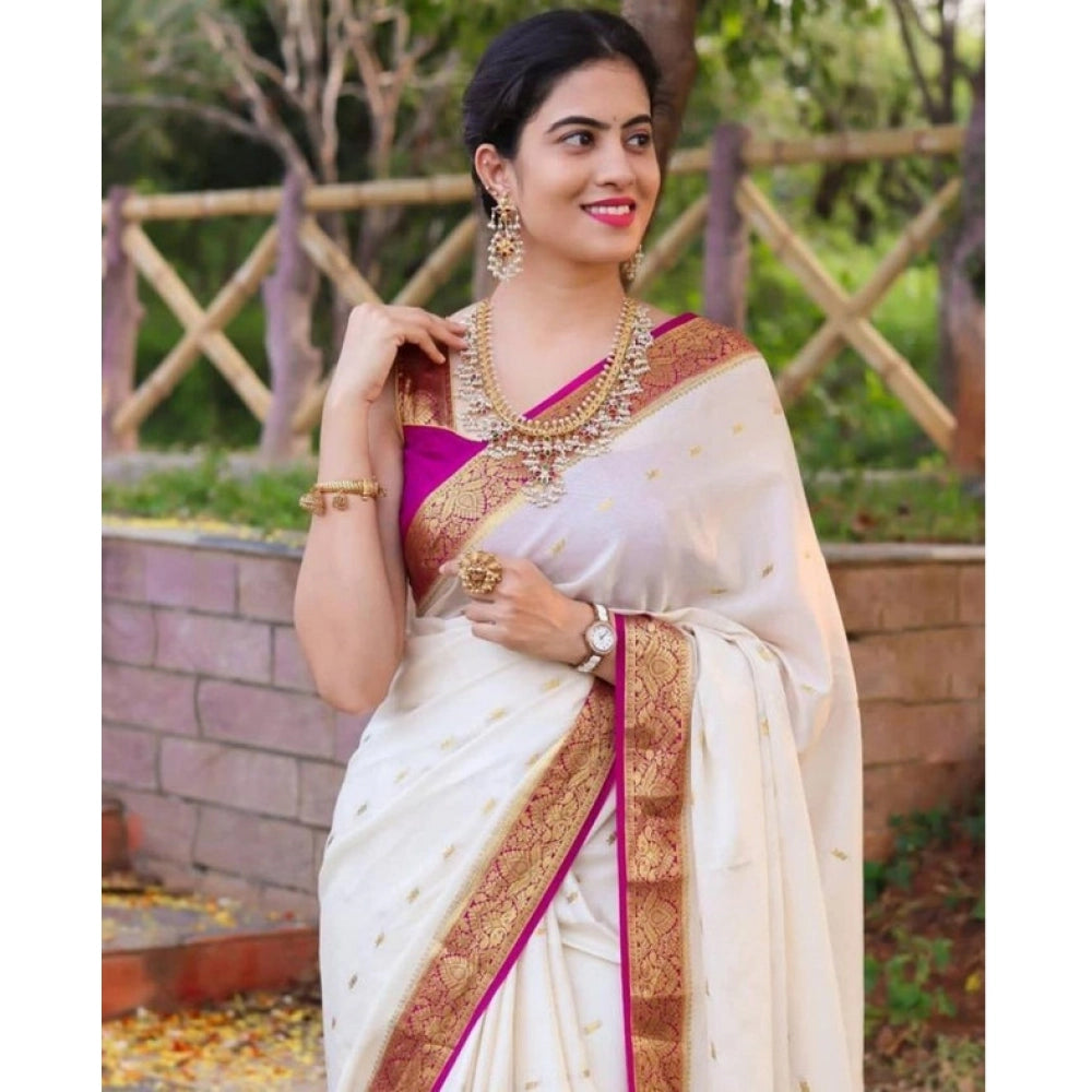 Generic Women's Soft Litchi Silk Jacquard Work Saree With Unstitched Blouse 5.5Mtr (White)