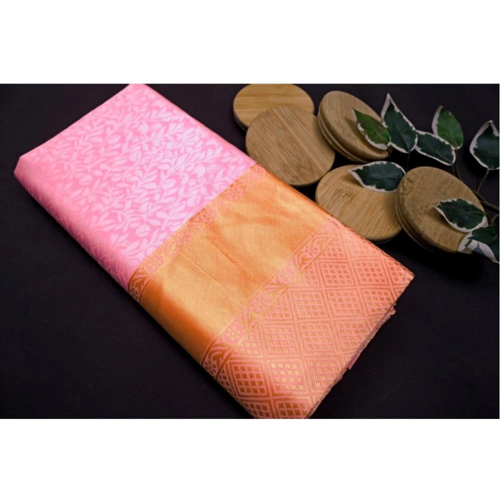 Generic Women's Soft Litchi Silk Jacquard Work Saree With Unstitched Blouse 5.5Mtr (Pink)