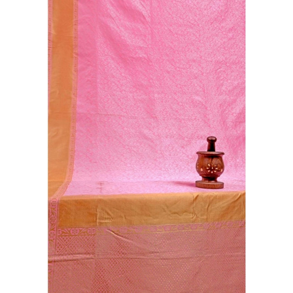 Generic Women's Soft Litchi Silk Jacquard Work Saree With Unstitched Blouse 5.5Mtr (Pink)