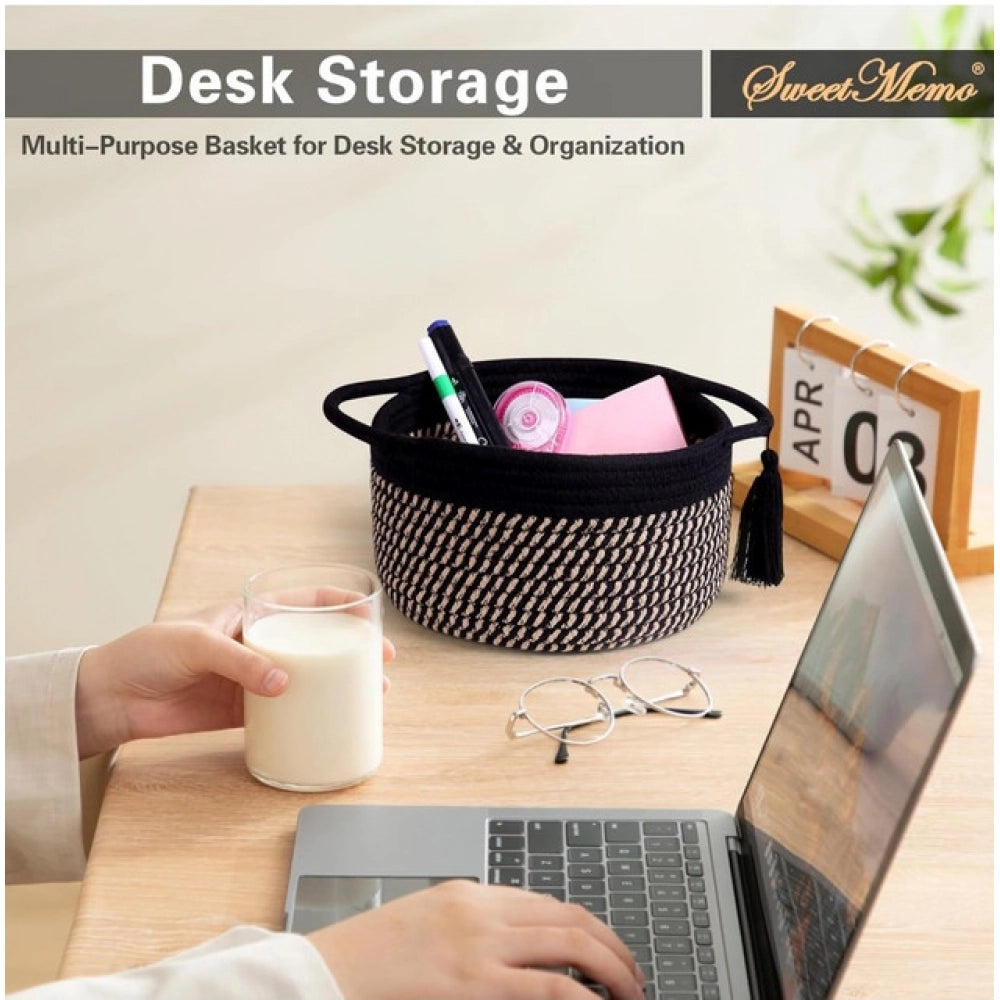 Generic Cotton 8x4 Inch Round 2 Set With Jhalar Bedside Organizer (Black Beige)
