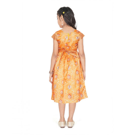 Generic Girl's Brocket Silk Printed Short Sleeve Round Neck Dress (Orange)