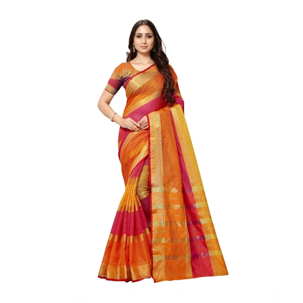 Generic Women's Kota Doria Cotton Saree With Blouse (Orange,6-3 Mtrs)