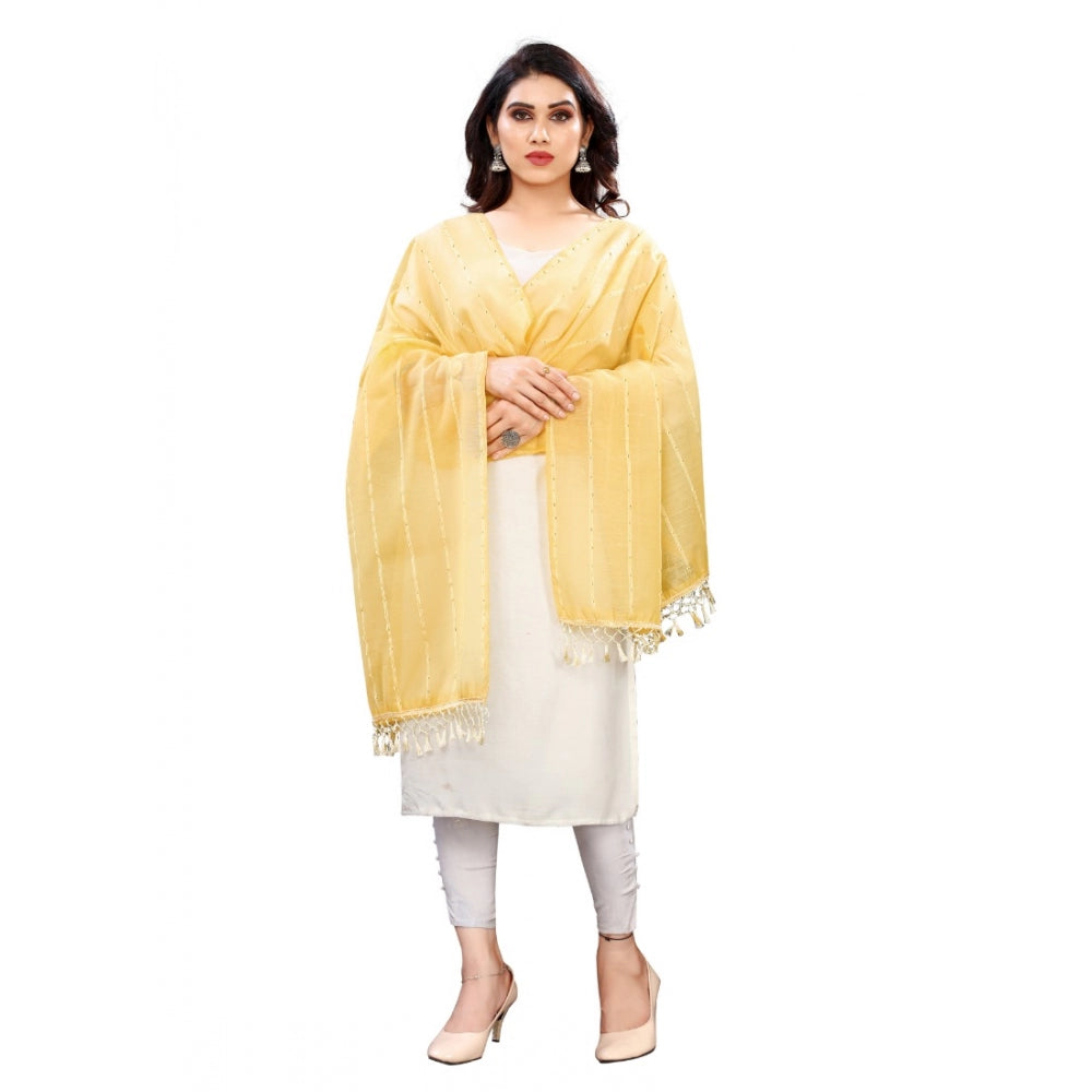 Generic Women's Cotton Silk Strips Printed Dupatta (Yellow, Length:2-2.4 mtr)