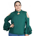 Generic Women's Casual Bell Sleeve Solid Green Top (Color:Green, Material:Crepe)