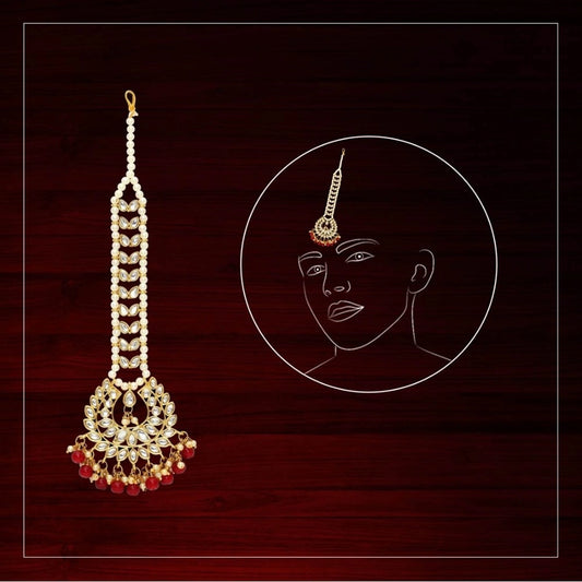 Generic Women's Red Color Imitation Pearl &amp; Kundan Maang Tikka