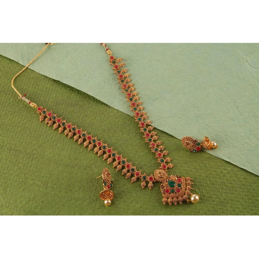 Generic Women's Rose Gold Plated Alloy Necklace &amp; Earings Set (Green &amp; Red)