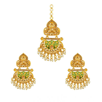 Generic Women's Rose Gold Plated Alloy Kundan Earrings &amp; Mangtikka (Green)
