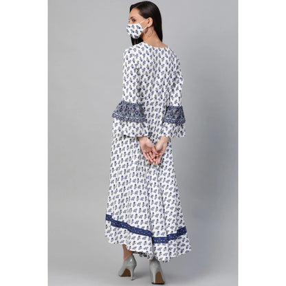 Generic Women's Casual Bell Sleeve Floral Printed Rayon Dress (White &amp; Blue)