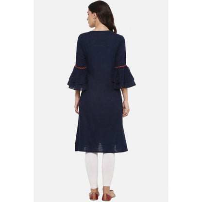 Generic Women's Casual Bell Sleeves Solid Cotton Slub Kurti (Blue)